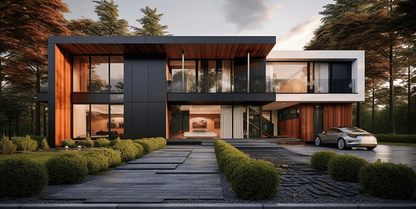 Modern two-story house with wood and black panel exterior, large windows, landscaped yard, and a car parked in the driveway, surrounded by trees.