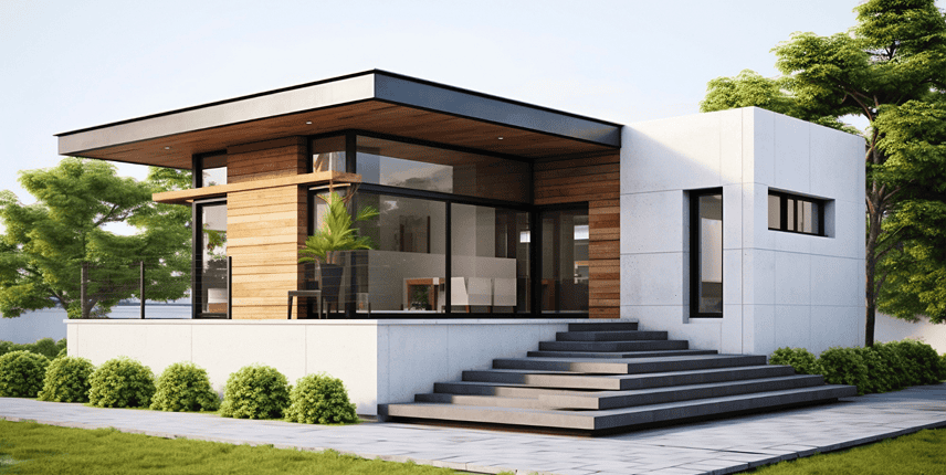 Modern single-story house with large windows, a mix of wood and white exterior panels, a wide front staircase, and green shrubs along the walkway.