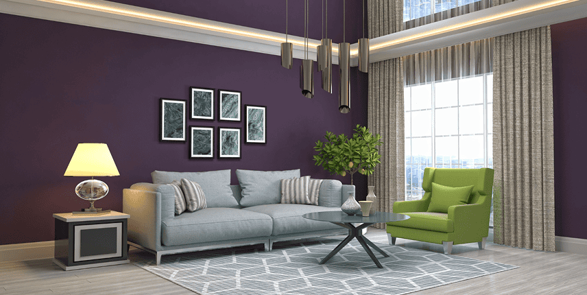 Modern living room with a gray sofa, green armchair, coffee table, lamp, framed wall art, large window with curtains, and geometric rug on the floor.