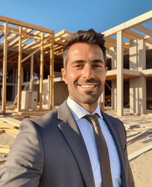 A man in a suit smiles for a selfie in front of a building under construction on a sunny day.