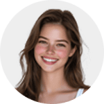 A young woman with long brown hair and a white top smiling in front of a plain, light background.